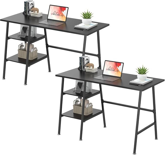 VECELO 43.1 Inch Computer Desk Home Office Black Study Desk Work Office Table with Shelves Wooden Desk for Bedroom 2 Set
