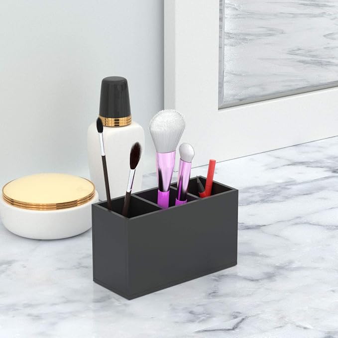 NIUBEE Black Pen Holder 3 Compartments, Acrylic Desk Pencil Organizer Cup | Scratch-resistant thick acrylic with 3 slots for pens, pencils, makeup brushes, office, vanity and school use