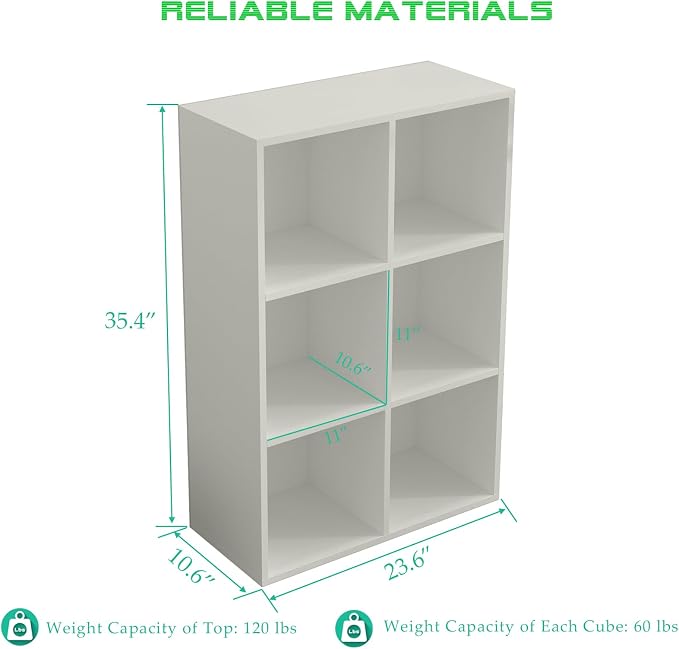 6-Cube Storage Shelf Bookcase, Warm White | Wooden 3-Tier Open Bookshelf, Fits 11×11" Bins, Vertical or Horizontal Use, Full Back Panels, For Home Office