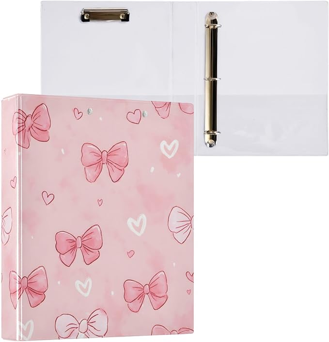 White Pink Bow Heart 3 Ring Binder with 2 Interior Pockets 1.5 inch Binders 3 Ring Heavy Duty Fit 8.5" x 11" Letter Size for Office School, 2 Pack