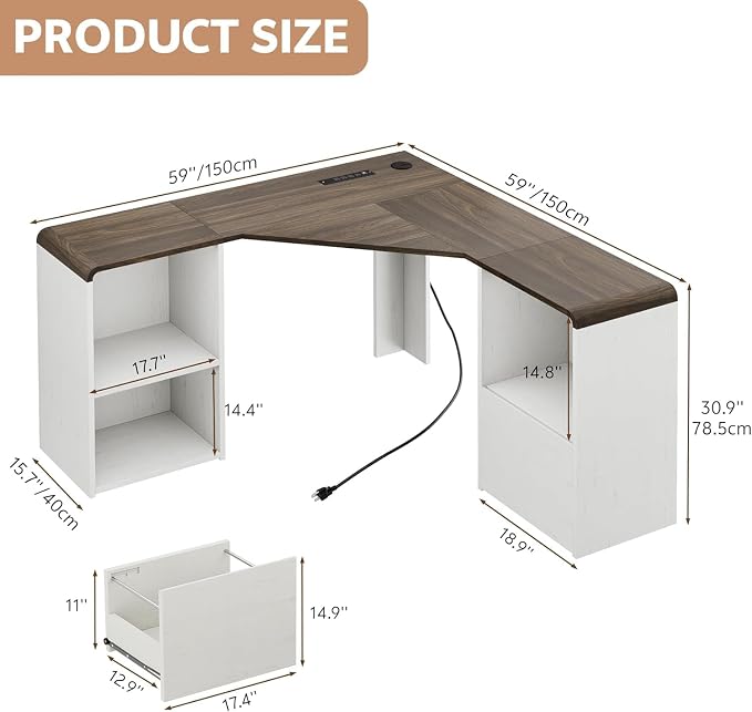 59'' Reversible L-Shaped Computer Desk, White | Corner Desk w/ Fluted Storage, Sliding Doors, Drawers & 4AC+USB-C. Reversible Fits Any Room Layout For Home Office