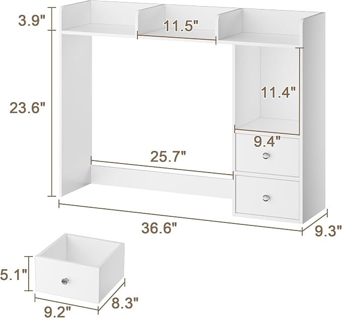 ChooChoo Desktop Bookshelf with LED Lights and 4 Shelves | 36.6", 2 Drawers, Fits 27" Monitor, Desk Organizer Shelf, Dorm Office Home, White
