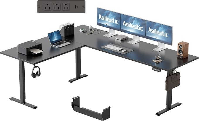 Agilestic 75 x 61 Inch L Shaped Standing Desk with Powerstrip, Black | Outlets, Cable Management, Corner Desk, Ample Workspace, Memory Presets, Hooks, Stable Steel Frame,176 lbs, Splice Board