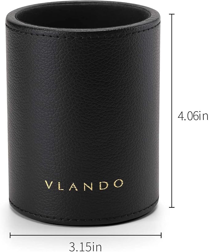 VLANDO Office Desk Organizer Leather Desktop Organizer Caddy with Drawer for Storing Desktop Supplies and Accessories (Black Set) | Black leather desk organizer set combines divided desktop storage and a pull-out drawer for office supplies and accessories