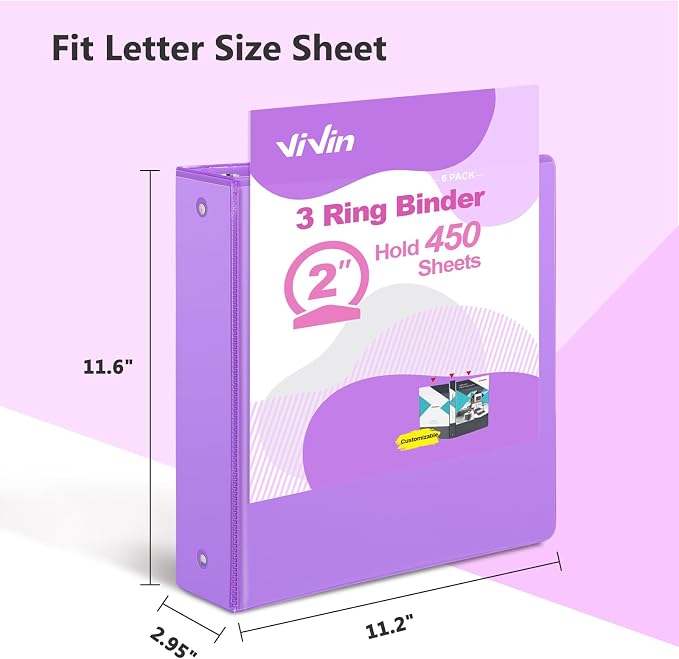 ViVin 2 Inch Round Ring View Binder for Durability, 6-Pack (Purple) | Standard 3 Ring Binder for 450 Sheets of US Letter Size Paper, PVC-Free, Clear Front Pocket, Office Home School Use