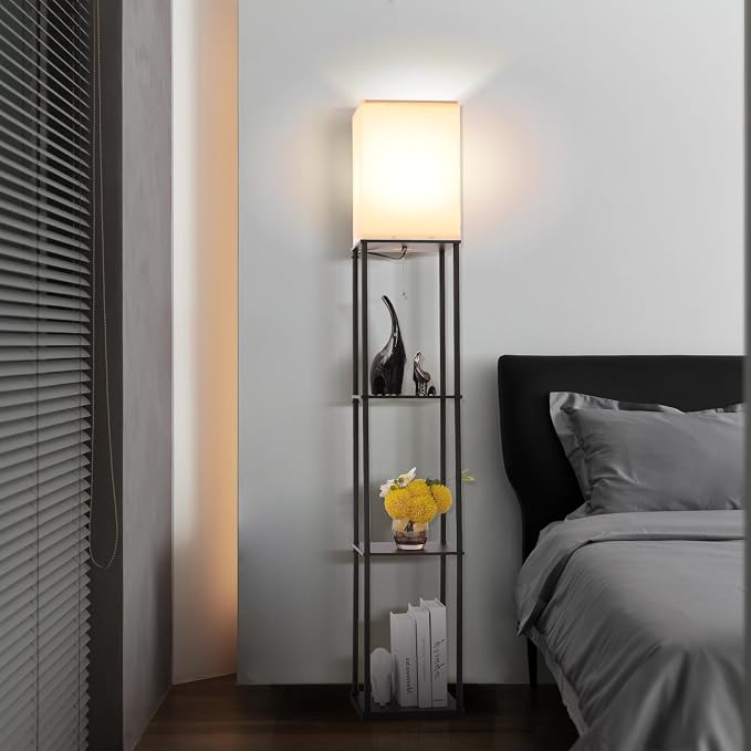 Gupuzm Floor Lamp with Shelves, Modern Square Standing Lamp with 3 Color Temperature Bulb, Corner Display Bookshelf Lamp for Living Room, Bedroom and Office (Black)