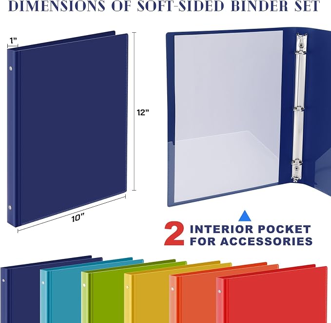 Fulmoon 48 Pack 3 Ring Plastic Binders 1 Inch Bulk with 2 Pockets, Flexible Binder Loose Leaf Hardcover, Fit 12" x 10" US Letter Size Paper, for School Office Home, 6 Colors(Vibrant)