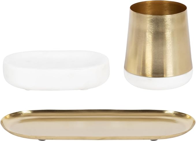 Kate and Laurel Koni Modern Glam Three-Piece Tabletop Organization Set; 12 x 6 x 5; White Marble and Gold; Marble and Metal Organizational Set for Office or Entryway Decor