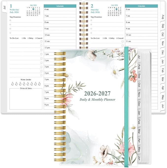 Daily Planner 2026-2027 Full Page Per Day- 2026-2027 Daily & Monthly Planner from July 2026 to June 2027, Day Planner 2026-27 with 12 Months Tabs, 6.4" x 8.5", Pink Flowers