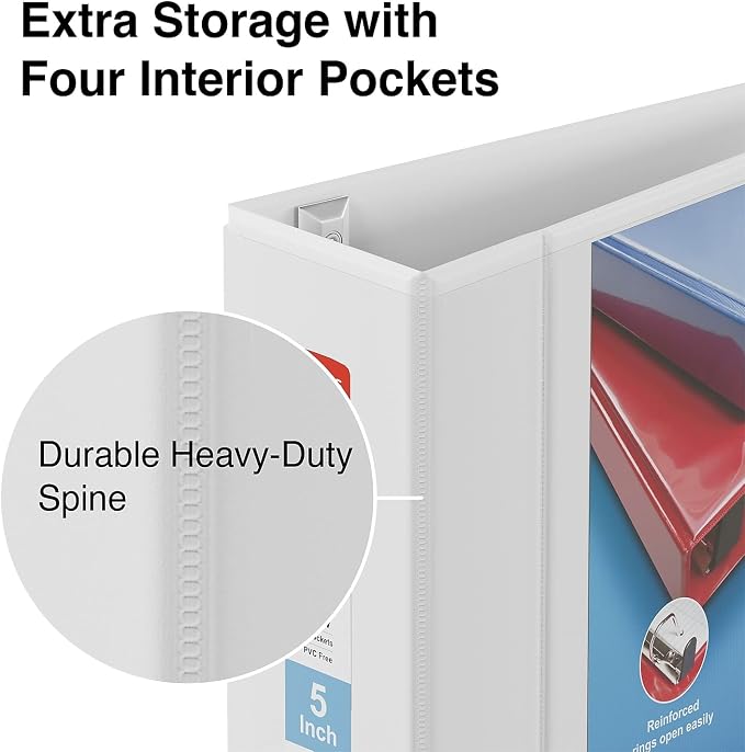 Staples Heavy-Duty 5-Inch D-Ring View Binder, White, 1,000 Sheets | Extra-large capacity for office document storage and archiving needs.