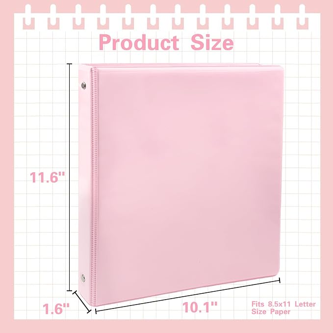 1 Inch 3 Ring Binder with Pockets - 6 Pack Binders Bulk for US Letter Size Paper, Multicolor for Office, Home,Work,School Use(Pink Binder)