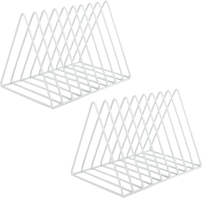 Vinyl Record Holder Storage, 9 Slot Metal Magazine Book Album Display Rack, Stylish Triangle Desktop File Sorter Organizer for Home Office, White Pack of 2