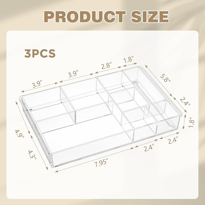 Briwooody 3 Pcs Clear Acrylic Desk Drawer Organizer 13.7 x 8.7 x 2 Inch Drawer Organizer Trays with 8 Compartments Desk Accessories for Office Makeup Silverware Bathroom