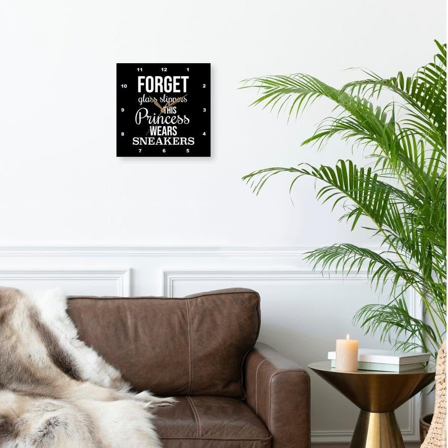 3dRose Wall Clock Silent - 10 inch - Forget Glass Slippers This Princess Wears Sneakers. White on Black. - Stamp City - Typography