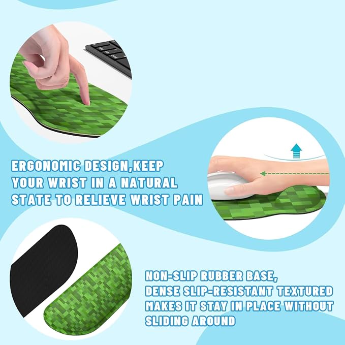Pixel Game Mouse Pad Set Gamer Pixel Grass Gaming Mousepad 4in1 Desk Mat for Desktop Wrist Support Cup Coaster Set Ergonomic Computer Desk Arm Wrist for Decor Home Office