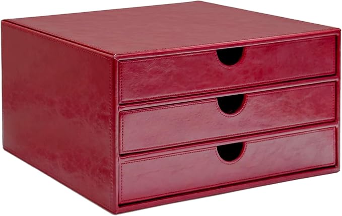 UnionBasic Document Organizer, 3-Drawer File Cabinet Document Storage Box, Office Desktop Filing Organizer, Burgundy | Document Storage Box, Office Desktop Filing Organizer, Printed Oil Faux Leather