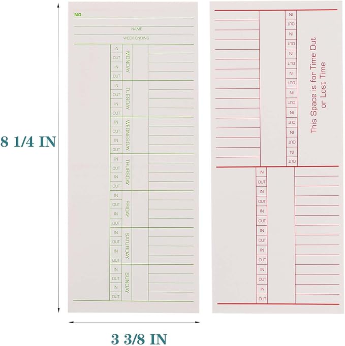 500PCS Time Cards for Employees Weekly, 2 Sided Time Sheets, 3-3/8" x 8-1/4", Green/Red