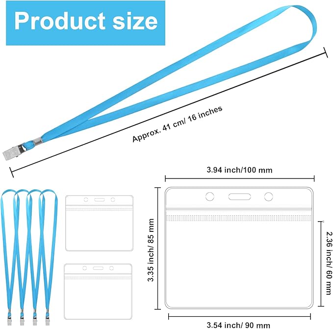 100 Pcs Lanyards for ID Badges and 100 Pcs Clear Name Tag Holders Reusable Lanyard with Clip Plastic ID Card Badge Holder Name Badges for Adults Kids Business School Office Supplies (Light Blue)