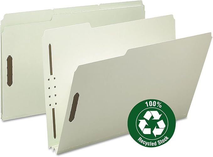 Smead Pressboard Fastener File Folder, 2 Fasteners, 1/3-Cut Tab, 2" Expansion, Legal Size, Gray/Green, 25 per Box (20004)