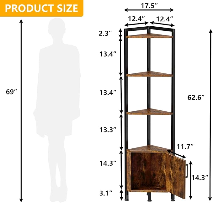 Corner Shelf Cabinet,Corner Bookshelf with Storage and LED Light | 62.8”Tall Wall Shelf Unit,Rustic Wood Display Shelves for Bedroom,Living Room,Kitchen,Metal Frame,Easy to Assemble