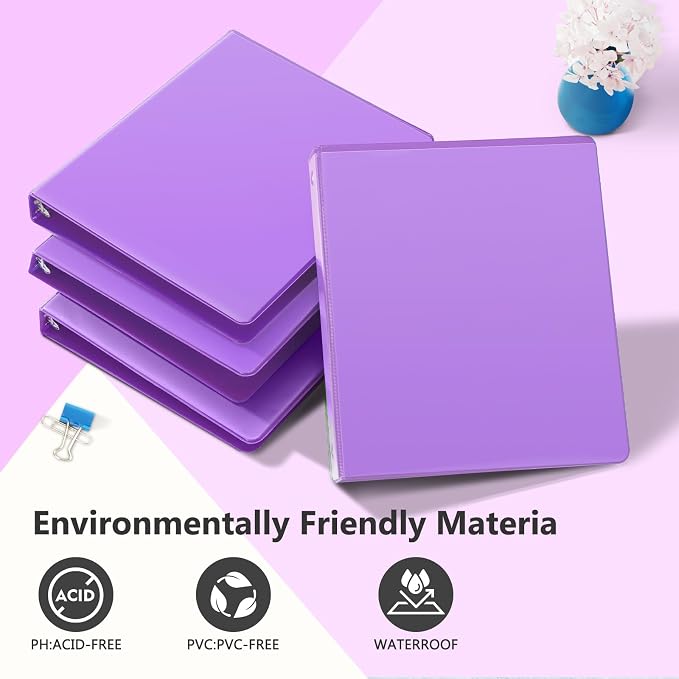 ViVin 1 Inch Round Ring View Binder for Durability, 6-Pack (Purple) | Standard 3 Ring Binder for 200 Sheets of US Letter Size Paper, PVC-Free, Clear View Cover, Office Home School Use