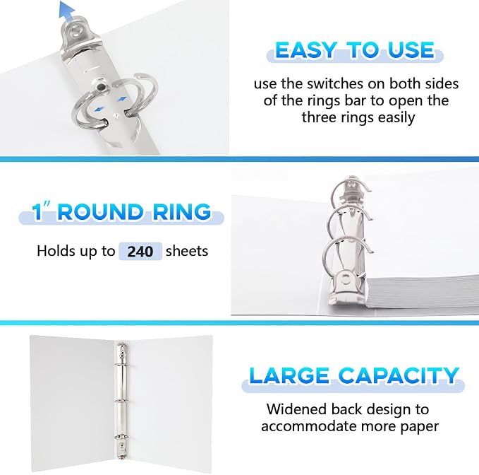 Henoyso 1 Inch 6 Pack Mini 3 Ring Binders for 5.5"x8.5" Paper,White | Holds 200 Sheets, Plastic Small Binders, Round Three Rings, Flexible PP Covers, School Office, Photo Album Planner Journal