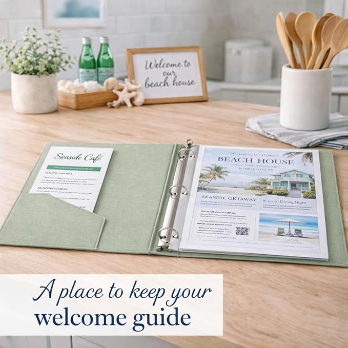Paper 'n Such Welcome Binder for Short Term Rentals –Green Linen Fabric 3 Ring Folder for Airbnb, Vacation Home, House Manual & Guest Information - Letter Size
