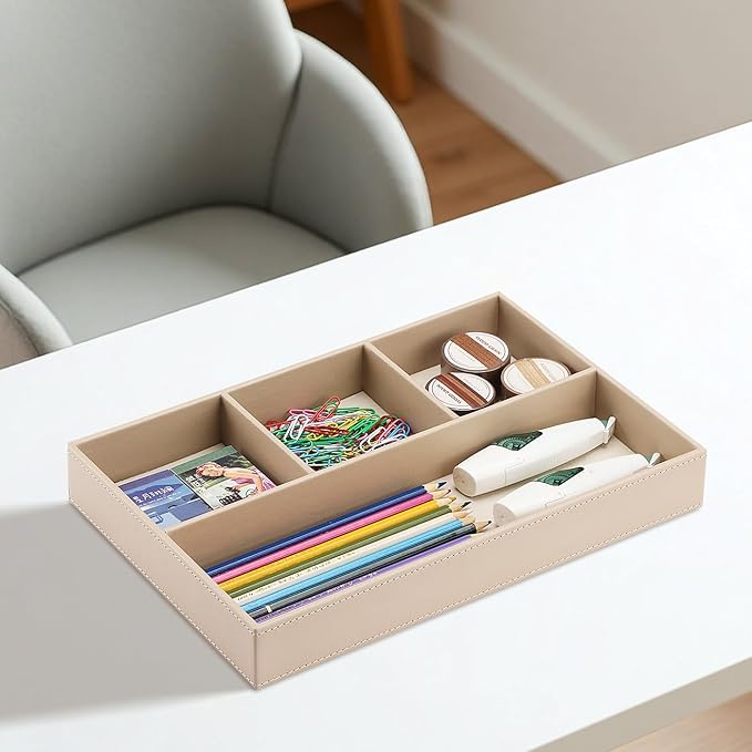 4-Slot Leather Drawer Tray Desk Stationery Sundries Organizer Storage Box Pen Pencil Holder Case Container (Dark Beige)
