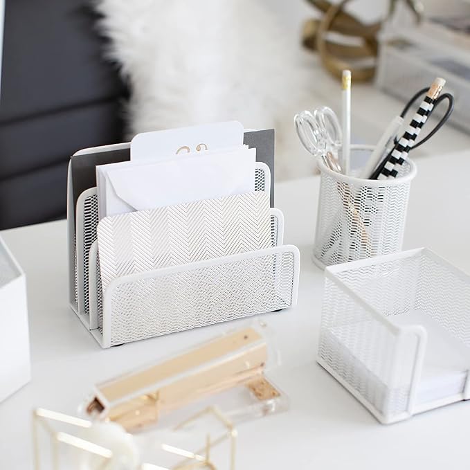 BLU MONACO | White Desk Organizer Set | 5 Piece Metal Office Desk Organizer with Hanging File Holder, Magazine Organizer, Pen Cup, Sticky Note Holder, Mail Sorter | Desk Organizers and Accessories