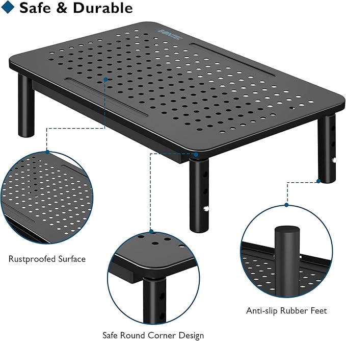 BONTEC 2 Pack Adjustable Monitor Stand Riser with Drawer, Supports 44lbs | Ergonomic Mesh Platform for Desk, Ventilated Laptop and PC Use with Cable Management for a Cooler, Organized Workspace