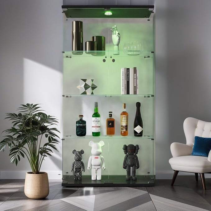 Frameless Glass Display Cabinet, Curio Cabinet Display Case with LED Lights and Lock, 2 Doors Quick-Install Floor Standing Showcase Display Shelf for Collectibles, Legos, Figures, Plants