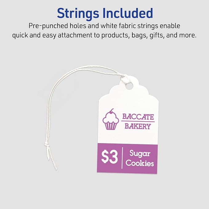 Avery® Scalloped Printable Tags, Sure Feed® Technology, 2" x 1.25", White, Includes String, Laser/Inkjet Printable, 180 Total, Great for Branding, Gifts, Merchandising, and More (22848)