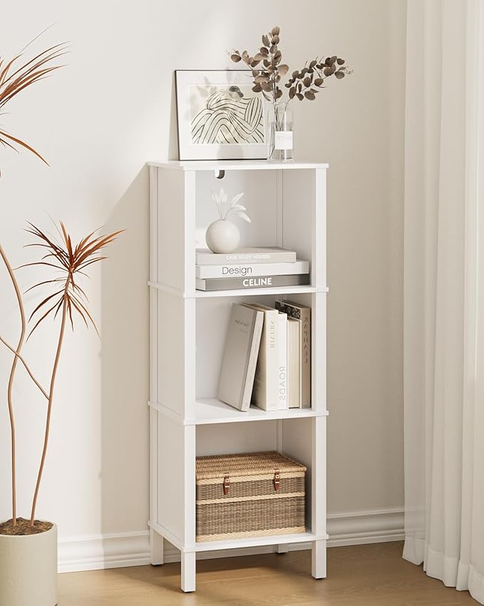 Bookshelf, Modern 3-Tier Bookcase, Open Storage Book Shelf, 11 × 14.2 × 38.9 Inches, Small Narrow Bookshelves for Living Room, Home Office, Bedroom, White