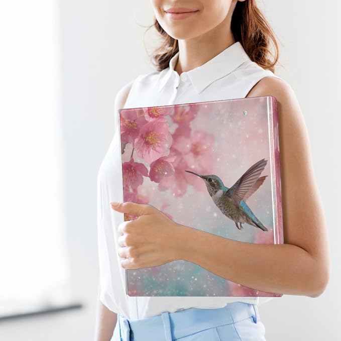 Cherry Blossom and Hummingbird Binder 3 Ring 1.5 Inch Binder with Clipboard&Pockets, Hardcover Binders Heavy Duty Large File Folder for Office School Supplies - Holds 200 Sheets