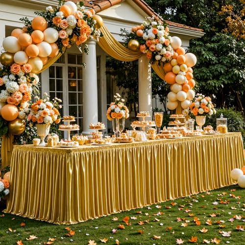 Wish Care 6ft Gold Satin Table Skirt for Rectangle Tables Wrinkle Free Teacher Desk Skirt Glitter Ruffle Table Skirting Cloth for Office Birthday Graduation Cocktail Party Buffet Table Decorations