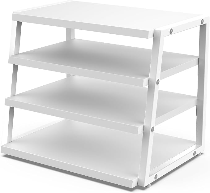 Fenge Desk Shelf Organizer, 4-Tier Tower Desktop Office Shelves, White | Wood and Metal Open Shelf, Corner File Organizer for Office Supplies, Top of Desk Organizers and Accessories