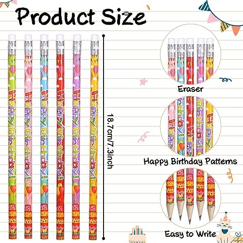Happy Birthday Pencils Wooden Pencil Birthday Party Pencil with Top Erasers Birthday Party Supplies Favors, 6 Style(72)