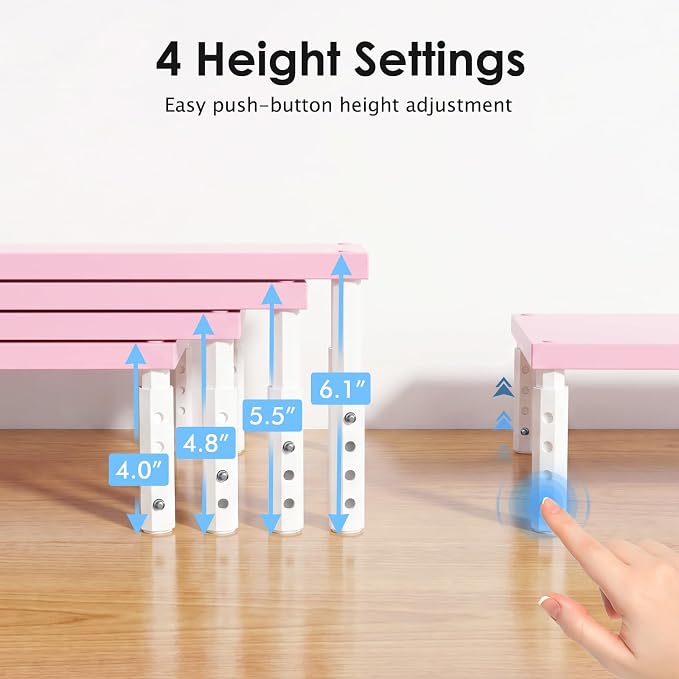 ECOLOVI Adjustable Wood Computer Monitor Stand Riser, Office Desk Organizer and Accessories for Monitor, Laptop, PC, Printer, Office Desk Accessories Workspace Organizer for Home Office Supplies, Pink