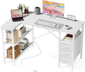 DUMOS L Shaped Desk with Power Outlet, Study Table | 47 Inch Corner Computer Gaming Unit, Adjustable Shelves, Home Office Bedroom, Modern White