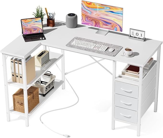 DUMOS L Shaped Desk with Power Outlet, Study Table | 47 Inch Corner Computer Gaming Unit, Adjustable Shelves, Home Office Bedroom, Modern White