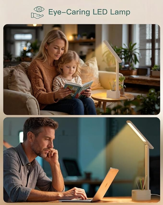 Addtam Desk Lamp with Pen Holder, LED Desk Lamps for Home Office, Power Strip with 3 Outlets 4 USB Charging Ports(2 USBC), 3 Color Modes Touch Lamp, Study Lamps for College Dorm Room Essentials, White