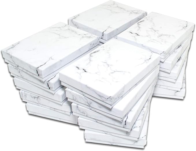 TheDisplayGuys 100 Cardboard Jewelry Gift Boxes with Inserts - Marble White | Size #53 - 5.4" x 3.9" x 1.0", Lids, Cotton Filled Padding, Kraft Paper, Bulk Pack Case, for Shipping, Organizers, Storage