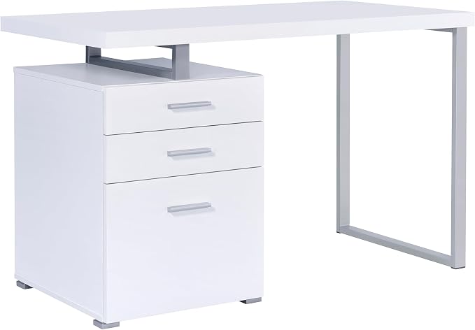Coaster Home Furnishings Brennan Modern Contemporary Home Office 3-Drawer Writing Desk with Drawers Computer Desk Study Table File Cabinet Storage Silver Metal Frame White 800325