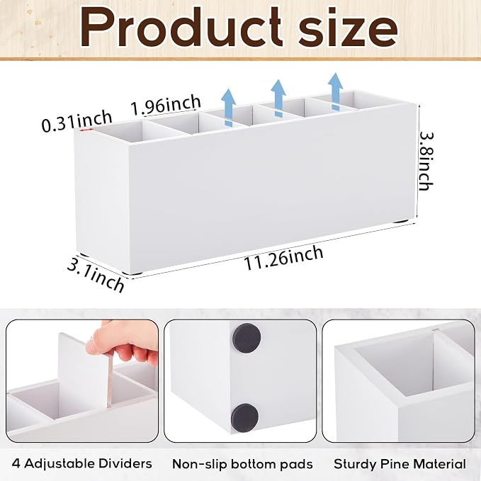 Jetec Wooden Pencil Pen Holder for Desk 5 Compartments Cosmetic Makeup Brush Stationery Office Desktop Organizers for Countertop Adjustable Silverware Caddy for Party, Art Supplies,Home(White)