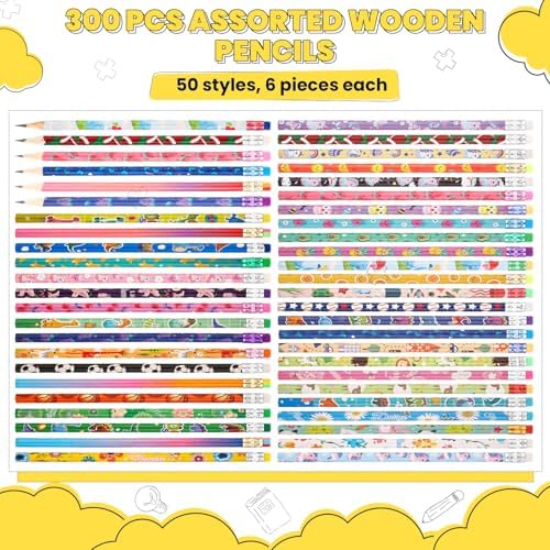 Sabary 300 Pcs Assorted Wood Pencil Bulk 50 Styles Colorful #2 HB Pencils