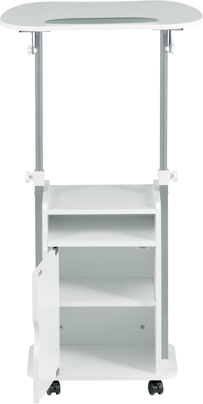 Techni Mobili Adjustable Laptop Cart w/Storage, Rolling Mobile Desk, White | Adjustable laptop cart with storage cabinet, shelf, locking wheels, sit‑stand height for home office, bedside, classroom