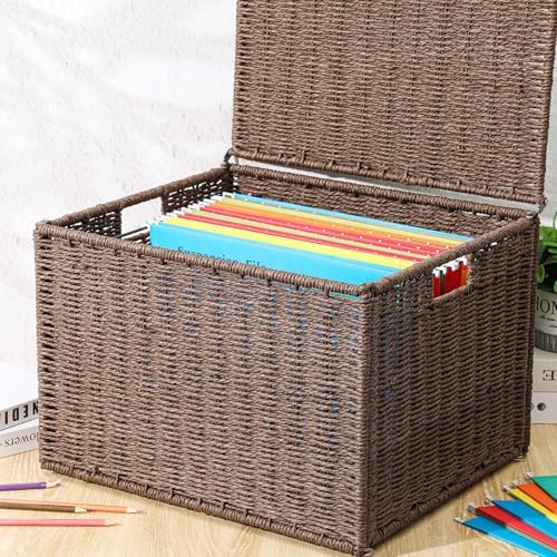 Cinnvoice Extra Large Decorative File Box 18 x 16 x 13 in Wicker Seagrass File Basket Organizer for Letter Legal Size Hand Woven Hanging Filing Cabinet with Lid for Office Paper Rope, Dark Brown
