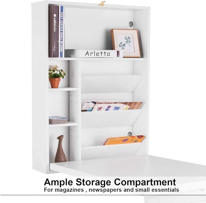 LDAILY LUARANE Wall Mounted Table, Foldable Multiple-Purpose Desk, Fold Out Wood Convertible Writing Desk Bookshelf Cabinet, Large Storage Space, Ideal for Home Office Study (White)