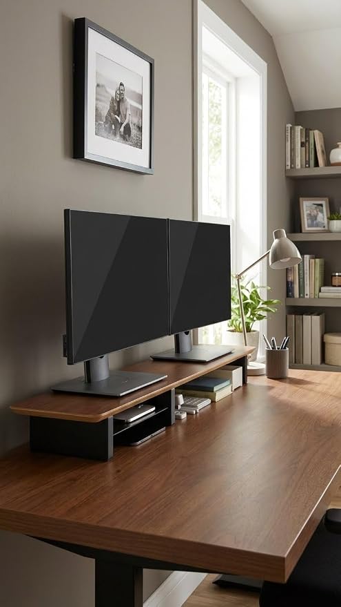 Walnut Monitor Stand for Desk (44 Inch) Large Monitor Stands for 2 Monitors, Desk Shelf for Top of Desk Walnut Monitor Shelf