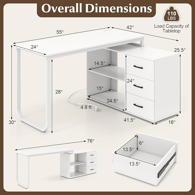 GIANTEX 55 Inch L-Shaped Desk with Charging Station, Reversible Computer Desk with 3 Drawers, Adjustable Shelf, Large Computer Workstation, Corner Desk for Small Spaces, Home Office (White)